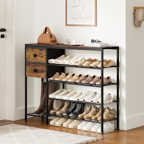 5-Tier Shoe Rack, Side Mesh & 2 Drawers for Closet Rustic Brown - Image 2