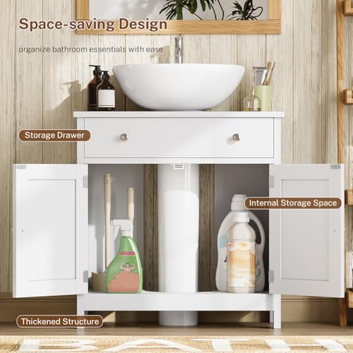 TEENFON Pedestal Sink Storage Cabinet with 2 Barn Doors and Drawer, Bathroom Sink Cabinet with U-Shape Cut-Out, Pedestal Sink Cabinet, White - Image 4
