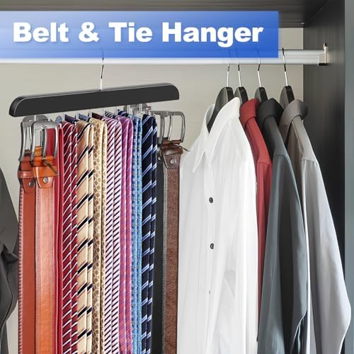 RESOVO Upgraded Tie Rack Hanger with 20 Foldable Metal Hooks, Space Saving Necktie Organizer for Men – Large Capacity Tie and Belt Wooden Hanger for Closet - Black 2 Pack - Image 2