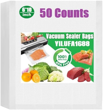 Vacuum Sealer Bags for Food - 50 Count 6"x10" Precut | BPA-Free Commercial Grade | 6X Freshness | Universal Clamp Machine Fit | Ideal for Freezer & Sous Vide by YILUFA1688