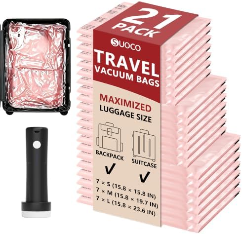 Travel Vacuum Bags for Clothing with Cordless Pump 21 Combo, Pink by SUOCO