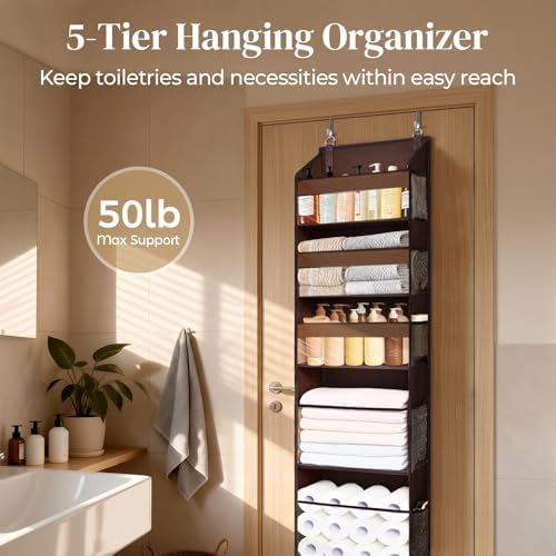 5 Tiers Over Door Organizer with 10 Mesh Side Pockets, 44 lbs Weight Capacity Hanging Storage Organizer with Clear Window Kids Toys, Shoes, Diapers, Dark Brown - Image 3