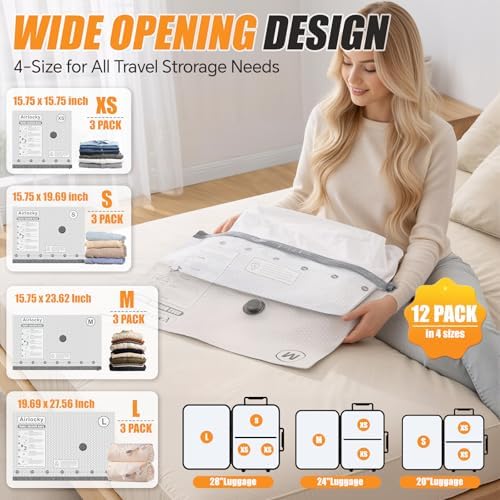 Travel Vacuum Bags with Rechargeable Pump, 0012 Pack Compression Packing Bags with 35KPA Electric Pump, 90% Space Saver for Clothes, Vacuum Seal Bags fo Carry-on Luggage Suitcase - Image 3