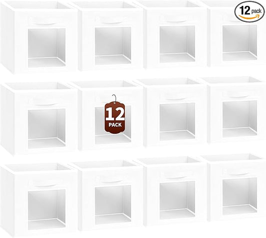 Homsorout Storage Cube 11 Inch - Cube Storage Bins with Window, Closet Storage Baskets with Handle, Fabric Bins for Closet, Shelves, Toys, Clothes, Set of 12, White