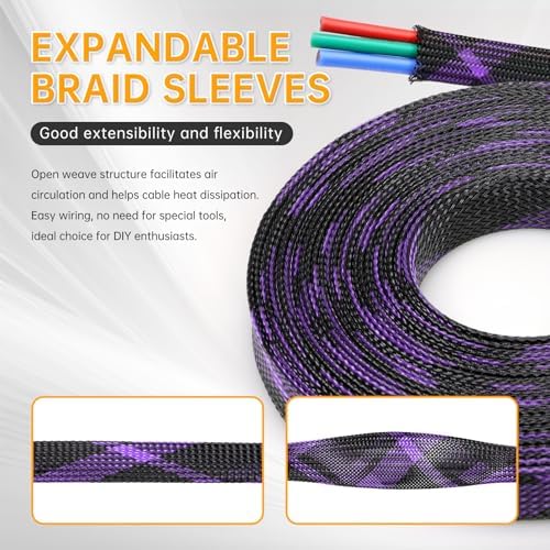Braided Cable Sleeve, 33ft Expandable Wire Loom for Automotive Wiring Harness & PC Case, Pet-Proof Chew Resistant Cord Protector, Flexible Cable Management (Black-Purple, 12mm (15/32")) - Image 2