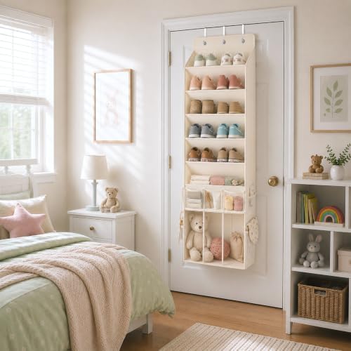 3in1 Over The Door Shoe Organizer with 5 Slanted Compartments,Removable Storage Bin & Transparent Pockets,Thickened Waterproof Oxford Fabric Shoes Rack for Shoes,Boots,Toys,Daily Essentials. (Beige) - Image 6