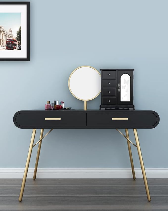 RR ROUND RICH DESIGN Jewelry Box - Made of Solid Wood with 4 Drawers Organizer and Built-in Necklace Carousel and Large Mirror Black