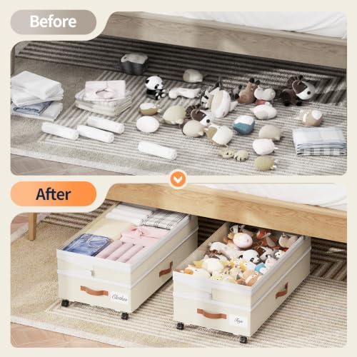 Yecaye 90L Under Bed Storage with Wheels, Height Adjustable, 2 Pack, Beige - Image 7