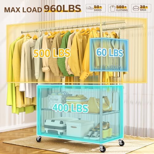 100% Stainless Steel Heavy Duty Clothes Rack Load 960LBS, Double Rod Clothing Rack for Hanging Clothes with Reinforced Rubber Rings, Extendable Rolling Garment Racks W/ Portable Wheel & Sturdy Shelves - Image 2