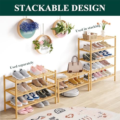 Smiry Bamboo Shoe Rack, 5 Horizontal Slats, 3 Tier - 26.8" Wide, Natural - Image 4