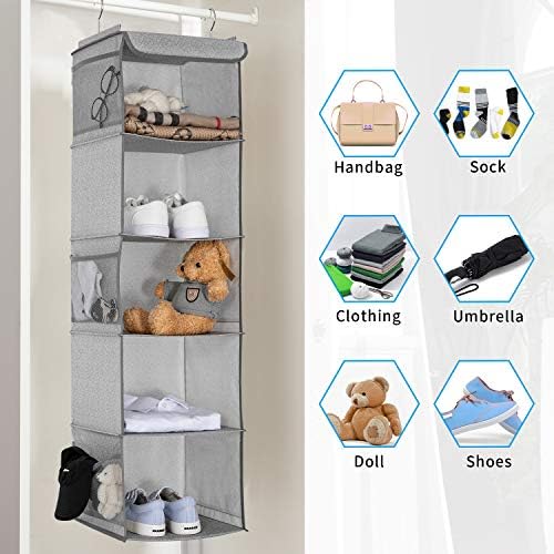 BrilliantJo 5 Shelves Hanging Closet Organizer, 2 Pack Hanging Storage with 6 Side Pockets for Clothes Bags, 43"x12"x12"(Light Gray) - Image 6
