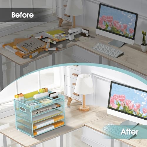 5 Tier Paper Letter Tray Desk Organizer with Pen Holders - Blue - Image 5