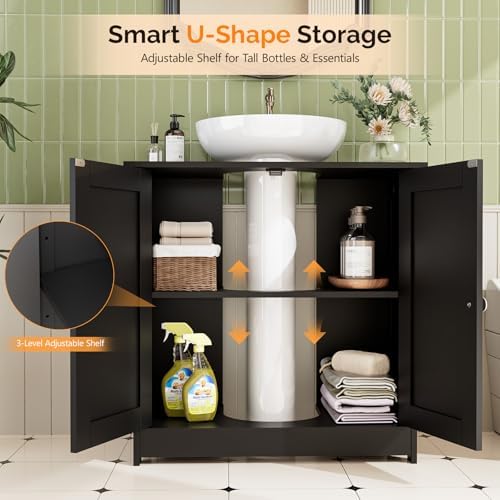 Bonnlo Pedestal Sink Storage Cabinet, 24" Black Under Sink Bathroom Storage Cabinet with 2 Doors and Adjustable Shelf, Traditional Bathroom Space Saver Organizer for Small Spaces, Water-Resistant - Image 4