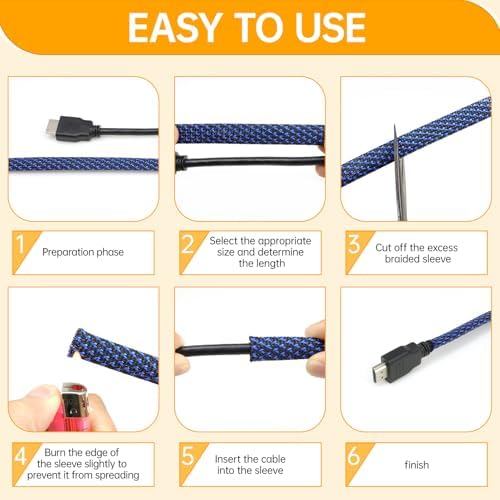 Braided Cable Sleeve, 33ft Expandable Wire Loom for Automotive Wiring Harness & PC Case, Pet-Proof Chew Resistant Cord Protector, Flexible Cable Management (Blue-Black, 6mm (1/4")) - Image 6