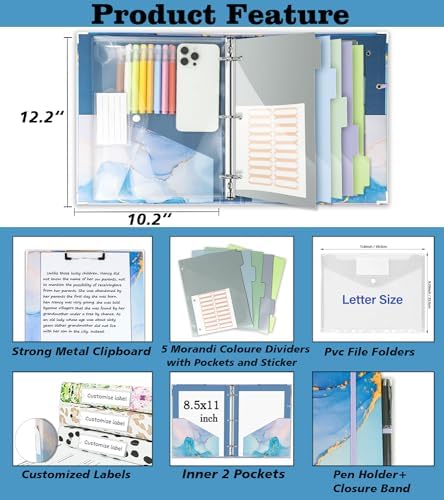 1 Inch 3 Ring Binder Organizer with Clipboard, 5-Tab Pockets Dividers, Clear Folder, 18 Divider Stikers, BVSSX Decorative Three Ring Binder with Pen Loop, Elastic Strap (Blue Marble,Letter Size) - Image 2