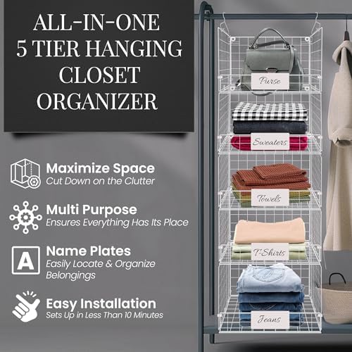 DECOLURE 5-Tier Adjustable Hanging Closet Organizer – Maximize Hanging Storage w/ 4 Hanging Hooks, 8 S Hooks & 5 Name Plates - Sturdy Foldable Wire Storage Hanging Shelves for Clothes, Towels (White) - Image 4