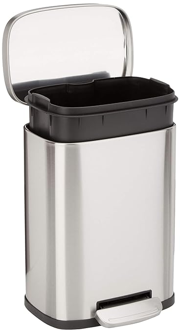 Amazon Basics Smudge Resistant Mini Rectangular Trash Can with Soft-Close Lid, Foot Pedal, Removable Inner Bucket, 5L/1.32 Gal, Brushed Stainless Steel, for Bathroom & Small Space, Satin Nickel Finish