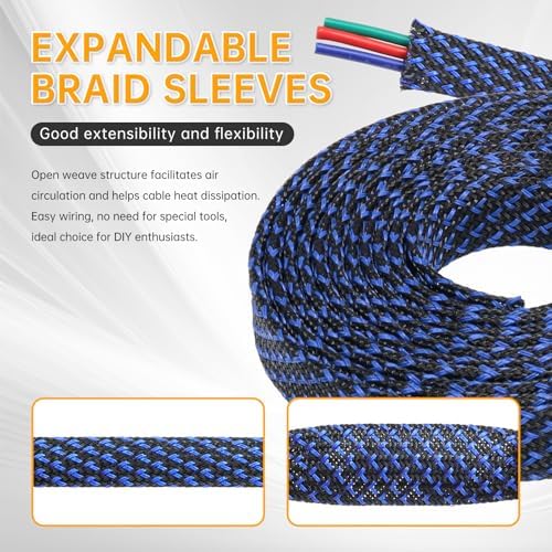 Braided Cable Sleeve, 33ft Expandable Wire Loom for Automotive Wiring Harness & PC Case, Pet-Proof Chew Resistant Cord Protector, Flexible Cable Management (Blue-Black, 6mm (1/4")) - Image 2