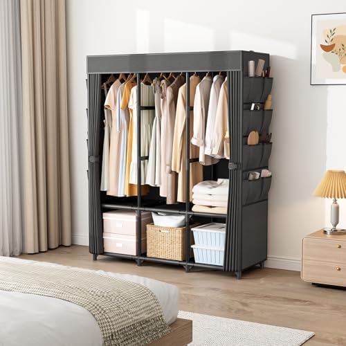 Wardrobe Closet, Portable Closets for Hanging Clothes 19mm Steel Tube Portable Wardrobe Closet for Bedroom, Clothes Rack with Cover, 3 Hanging Rod, 6 Storage Shelves and Side Pocket - Image 2