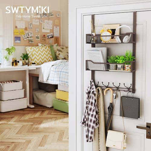 SWTYMIKI Over The Door Hooks Organizer - Multi-Functional Door Hanger with 16 Hooks & 2 Mesh Baskets, Long Coat Rack for Bathroom, Bedroom, Living Room, Home Storage Organizer, Bronze - Image 4