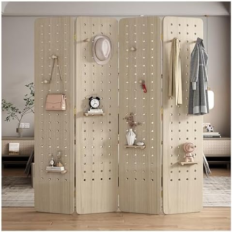 Foldable Pegboard Room Divider - 3/4 Panels Privacy Screen with Storage Rack for Craft and Art Displays(Wood Color,4 Panel) by Unknown