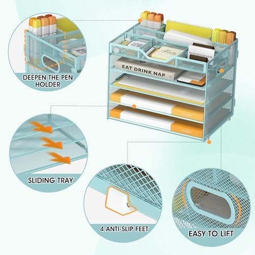 5 Tier Paper Letter Tray Desk Organizer with Pen Holders - Blue - Image 4