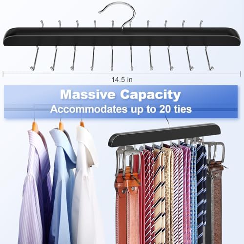 RESOVO Upgraded Tie Rack Hanger with 20 Foldable Metal Hooks, Space Saving Necktie Organizer for Men – Large Capacity Tie and Belt Wooden Hanger for Closet - Black 2 Pack - Image 4