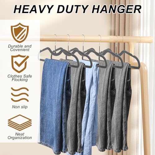 Pants Hangers Non Slip, 30 Pack Velvet Hangers for Closet with 30 Hooks, Slimline Space Saving Pants Hanger, Strong Durable Space Saving Flocked Hangaers for Pants/Shirts/Bra/Shorts (Grey-M-Shape) - Image 3