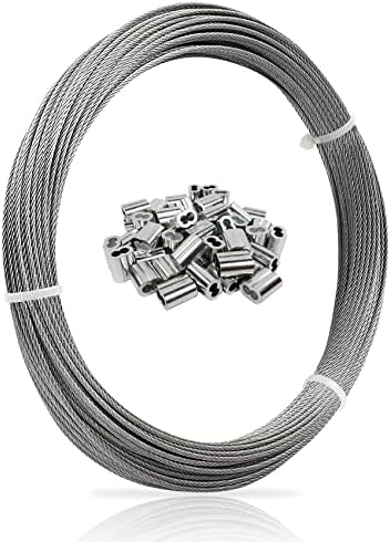 1/16 Wire Rope, 100FT 304 Stainless Steel Cable with 50Pcs Crimp Sleeves, Aircraft Grade, 7x7 Strand, 368lbs Breaking Strength, for Garden Trellis, Clothesline, Railing,Trellis by Monkemon