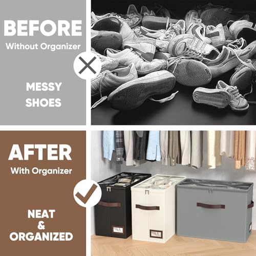 OIAHOMY 4 Pack Shoe Organizer for Closet, Foldable Shoe Storage Bins with Adjustable Dividers, Stackable Oxford Cloth Sneaker Boxes for Entryway Bedroom, Fits Up to 32 Pairs, Black - Image 7