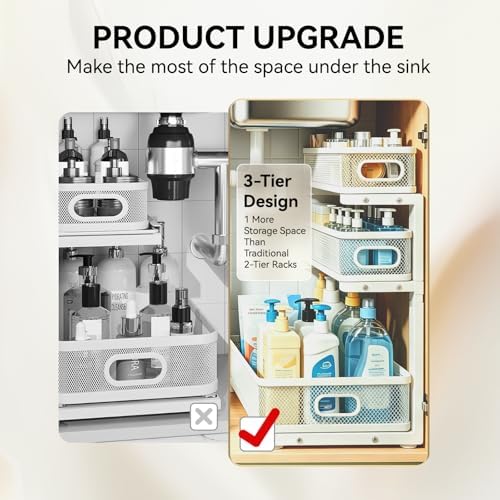 1 Pack 3 Tier Under Sink Organizer with Pull Out Drawer, Height Adjustable Heavy Duty Metal Under Cabinet Organizer, Smooth Sliding Storage Shelf for Kitchen, Bathroom Cabinet Organization, White - Image 3