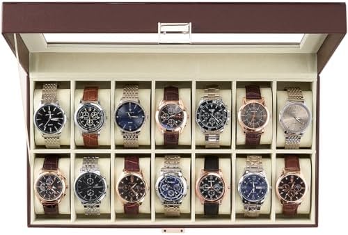 ProCase Watch Box Organizer, 14 Slot Watch Display Case, Espresso&Beige by ProCase