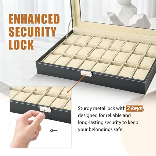 MAOPINER 24 Slot Watch Box with Glass Display Lid Watch Storage Case - Image 4
