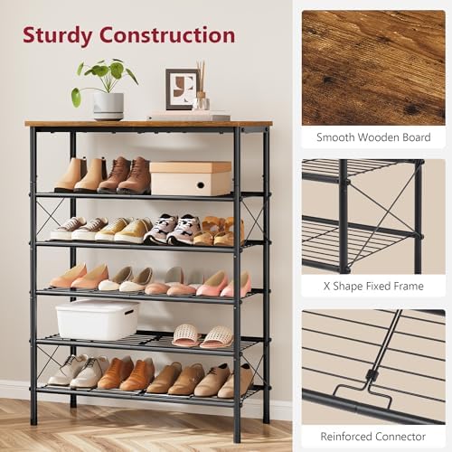 Tajsoon 6 Tier Shoe Rack for 20-24 Pairs of Shoes, Rustic Brown & Black - Image 5