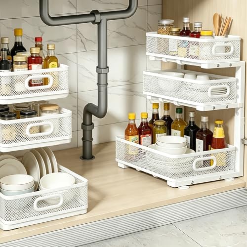 1 Pack 3 Tier Under Sink Organizer with Pull Out Drawer, Height Adjustable Heavy Duty Metal Under Cabinet Organizer, Smooth Sliding Storage Shelf for Kitchen, Bathroom Cabinet Organization, White - Image 6