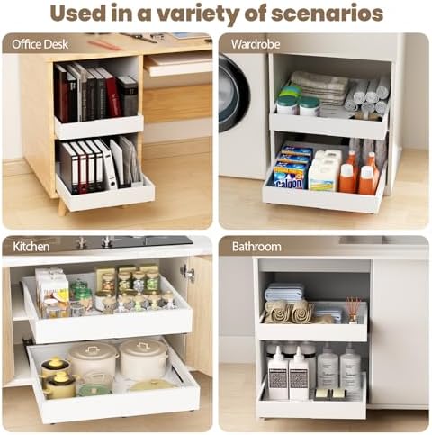 Dayacoco 2Pcs Dayacoco Pull Out Cabinet Organizer, Expandable Width (11.4"-19.4") and Depth (16.7"-21.4") With 3 Rails, Slide out Drawers for Kitchen Base Cabinet Organization, No Drill, White - Image 7