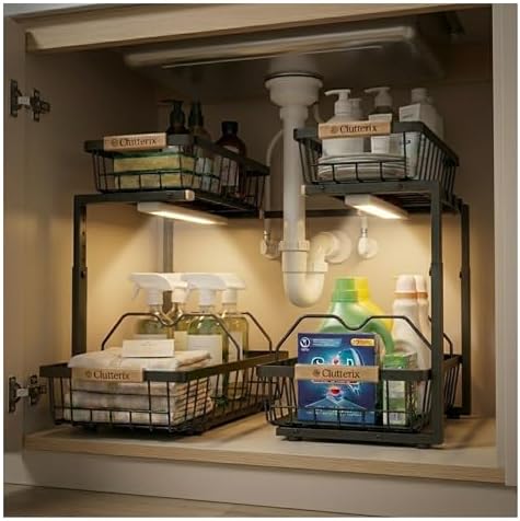 Under Kitchen Sink Organizer with LED Lights, 2 Pack, 2-Tier by Clutterix