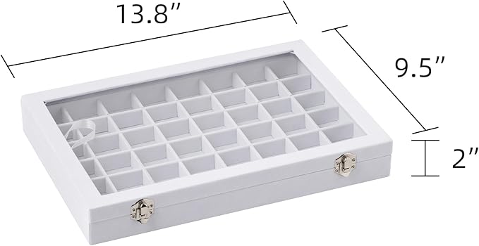 Frebeauty 48 Grid Jewelry Tray,Adjustable Earring Holder Organizer with Glass Lid,Velvet Drawer Jewelry Organizer for Rings,Studs,13.8 x 9.5 x 2 Inches Jewelry Display Box,Gift for Women(White)