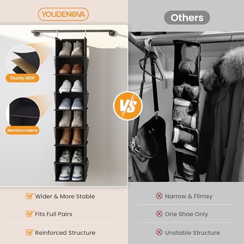 YOUDENOVA Upgraded Extra Wide Hanging Shoe Organizer for Closet, 8-Shelf Storage Organizer with 8 Side Pockets, Hanging Shoe Rack for Hats Clothes Jeans, 2 Packs, Black - Image 6