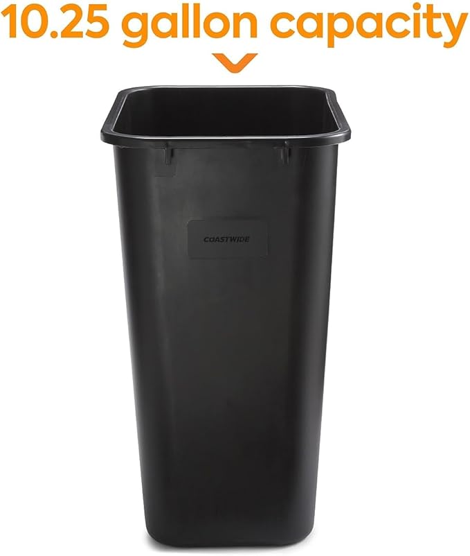 COASTWIDE Professional Indoor Trash Can Without Lid, Black Soft Molded Plastic, 10.25 Gallon
