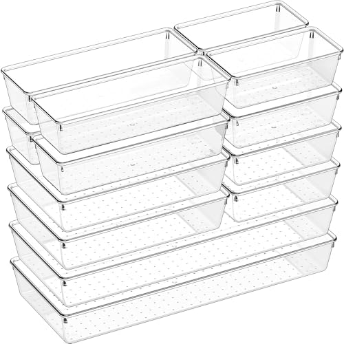 Criusia 14 PCS Clear Plastic Drawer Organizer Set - 5 Large Size Versatile Kitchen and Bathroom Organizer Trays, Non-Slip Storage Bins for Makeup, Utensils, Tool and Office Desk by Criusia