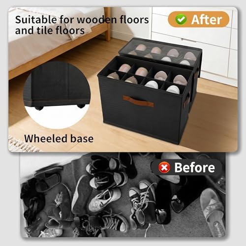 EE-RoomWorld 2 Pack rolling shoe rack on wheels,No Assemble Required shoe organizer for closet with wheels，Adjustable Dividers Fits 16 Pairs,boot Storage Bins with Reinforced Handle - Image 2
