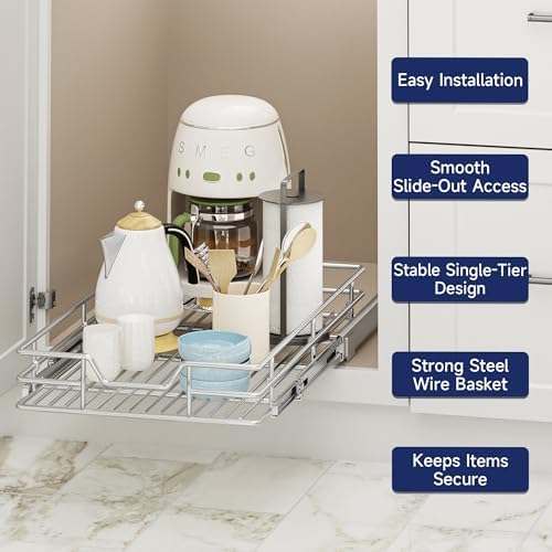 Pull Out Cabinet Organizer, 15.5" W x 21.5" D, Heavy Duty Chrome Slide Out Shelf for Base Cabinets, Sliding Wire Basket Drawer for Pantry Items, Bowls, Containers & Cleaning Supplies - Image 4