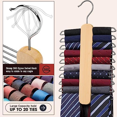 Tie Hanger 2 Pack,Tie Organizer for Closet 20 Storage Capacity,Wooden Necktie Organizer Tie Storage,360 Degree Rotating Accessory Organizers for Tie,Belt,Scarf - Image 4