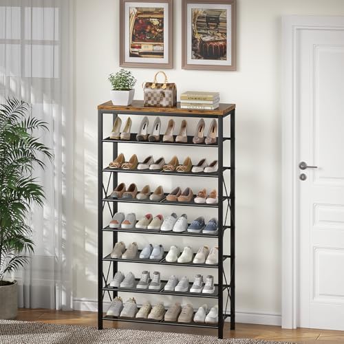 8 Tier Shoe Rack, Large Metal Shoe Organizer Holds 32 Pairs, Tall Shoe Stand for Closet Entryway Hallway, Rustic Brown - Image 6