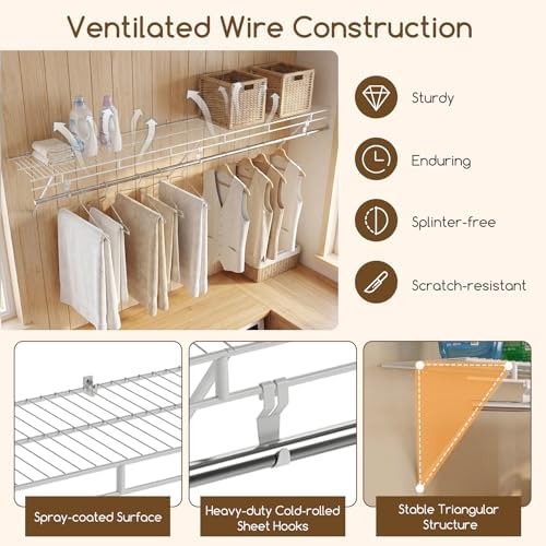 COSTWAY Closet Shelves Wall Mounted, Ventilated Shelf with Hanging Rod - Image 4