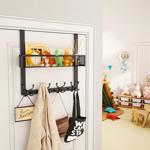 SWTYMIKI Over The Door Hook with 16 Hooks & Mesh Baskets - Heavy Duty Over The Door Organizer Hanger for Towels, Coats, Clothes - Space Saving Hanging Rack for Bathroom, Living Room, Black - Image 5