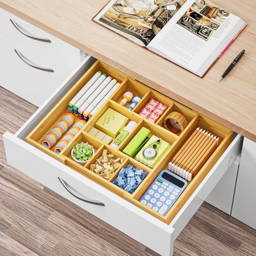 Marbrasse Bamboo Expandable Drawer Organizer, Desk Drawer Organizer Tray with 5 Dividers, Desk Organizers and Accessories, 10 Adjustable Compartments for Office Supplies, Junk, Makeup & Vanity - Image 7
