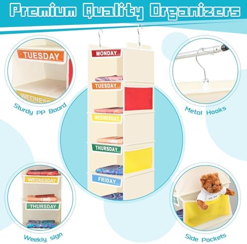 Amylove 2 Pcs 7 Shelf Weekly Clothes Organizer for Kids Hanging Closet Organizer 11. 8 x 11. 8 x 50 Inches Daily Activity Kids Clothes Storage Drawers Cube Drawers Closet Hanging Shelves(Beige) - Image 3