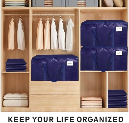 12 Pack-Extra Large Heavy Duty Moving Bags - Waterproof Storage Totes with Handles & Zippers, Foldable for College Dorm, Storage (Dark Blue) - Image 5
